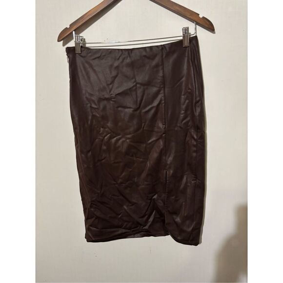 New Popilush Women's Size Large Brown Side Slit Knee length Faux Leather Skirt - Picture 1 of 5